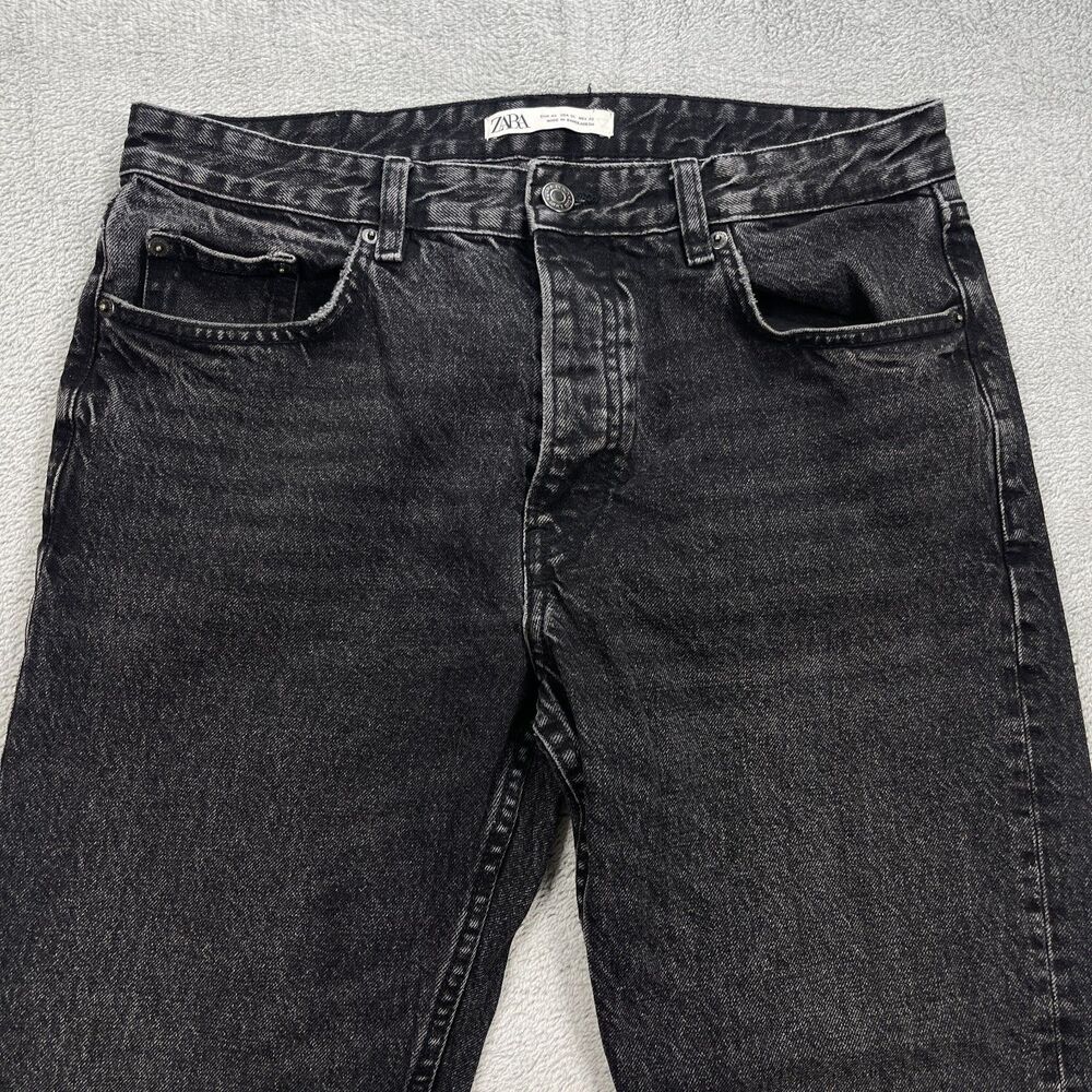 Zara Jeans Men 32 Black Straight Leg Denim Pants Faded Wash 100% Cotton - Picture 3 of 14
